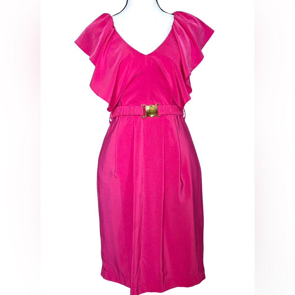 H&M Hot Pink Ruffle Mini Dress w/buckle belt Sz 4